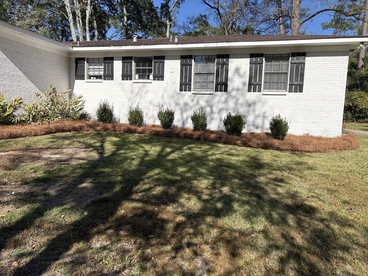 Fresh pine straw beds along the front of a home