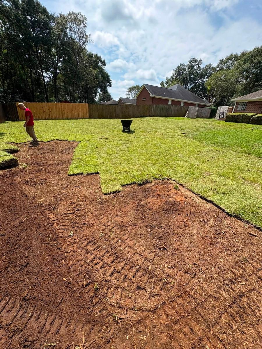 Rows of new sod going down over freshly graded red soil