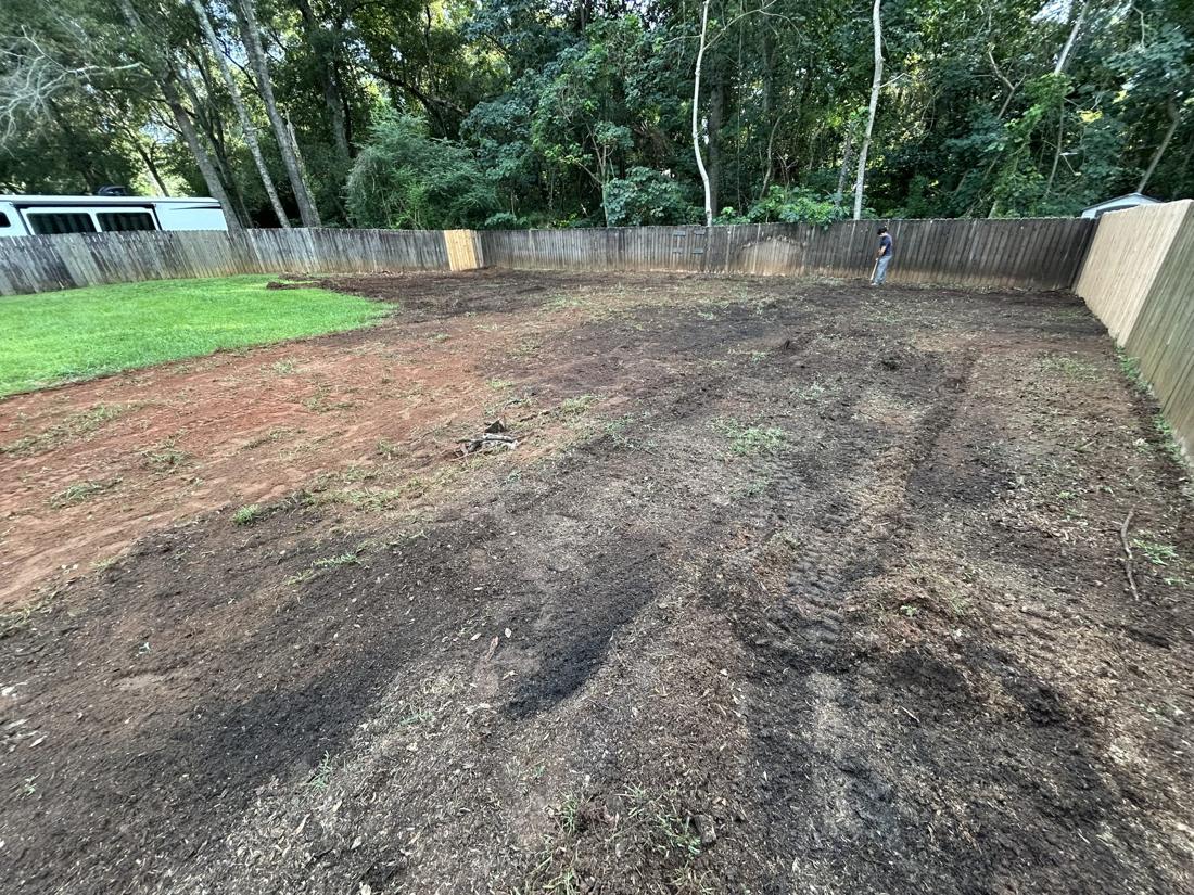 Backyard cleared to bare soil inside a wood fence