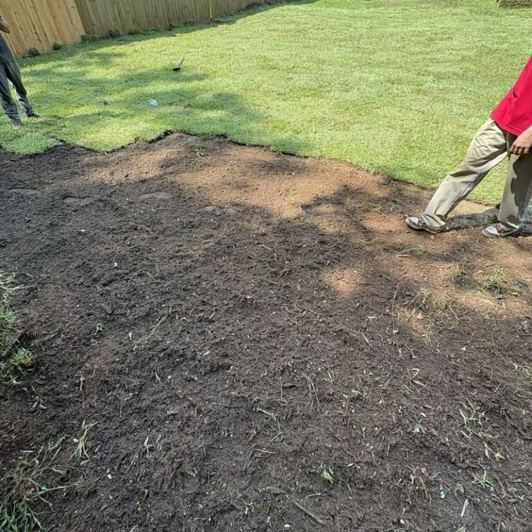 New sod going down along a backyard fence